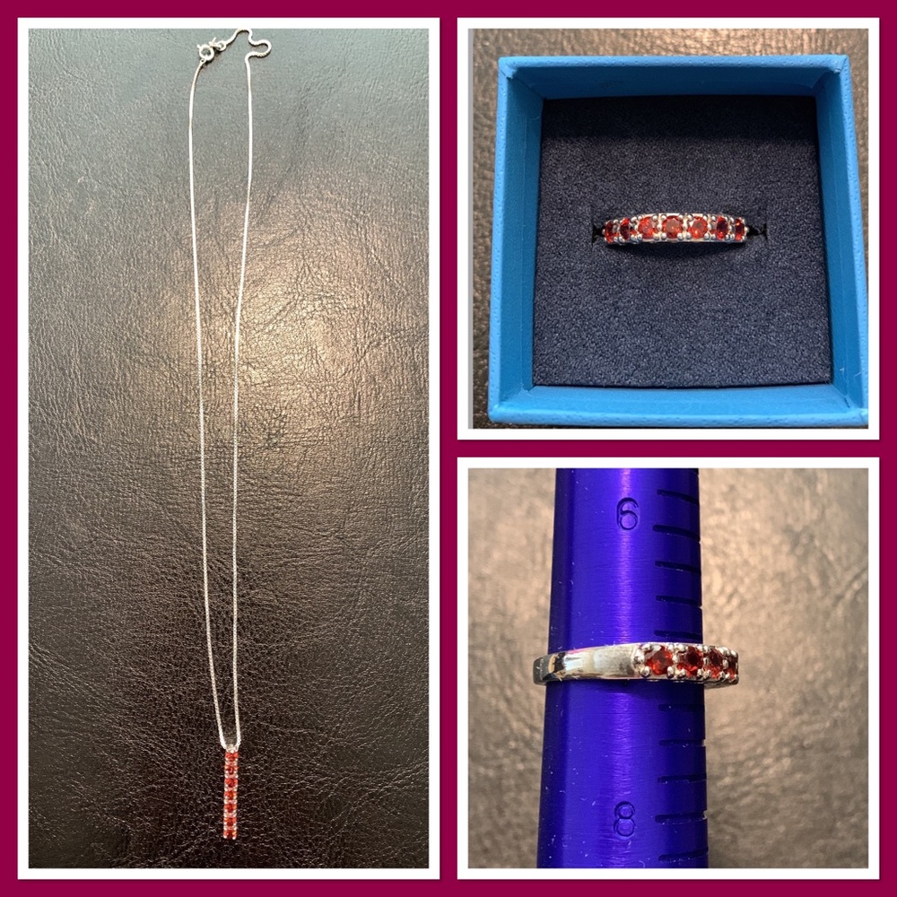 Garnet necklace and ring set, sterling silver